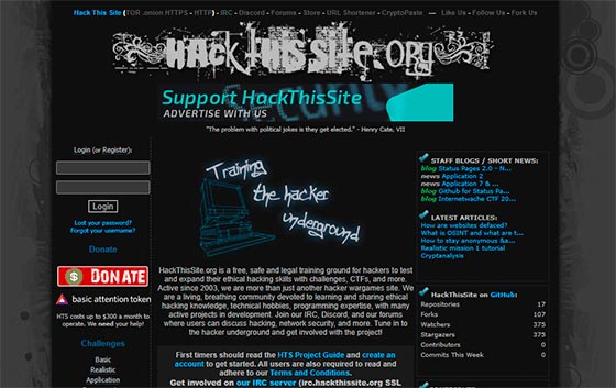 Интерфейс сайта HackThisSite.org